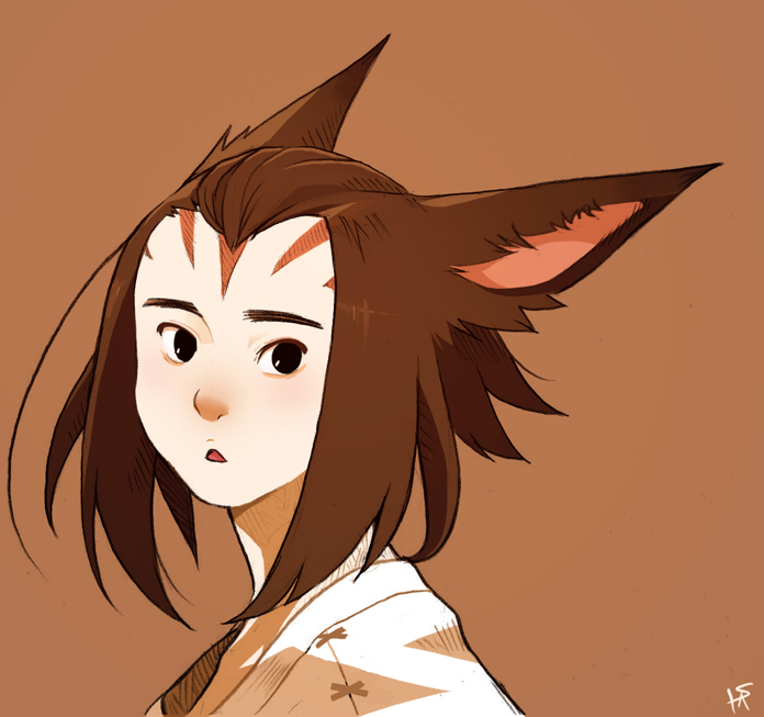 the image shows a closeup portrait of a young woman with large, expressive brown eyes and distinctive felinelike ears. her brown hair is styled with long, sideswept bangs that partially obscure her forehead.  she has a curious and slightly bewildered expression. she wears a simple white garment with a hint of embroidery, suggesting a fantasy setting. the background is a solid, warm brown, emphasizing the character's features.