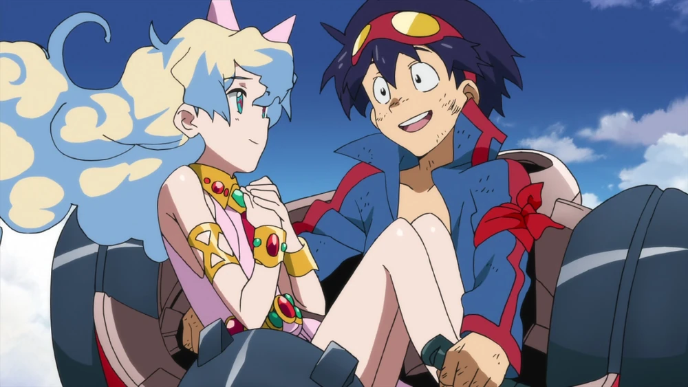 this is an anime image of a couple, a girl and a boy, sitting in a flying mecha. they are both smiling and appear to be in love. the girl has long blue hair, pink clothing, and gold jewelry. the boy has black hair and a red and blue pilot suit. they are both looking at each other. the background is a blue sky with white clouds.