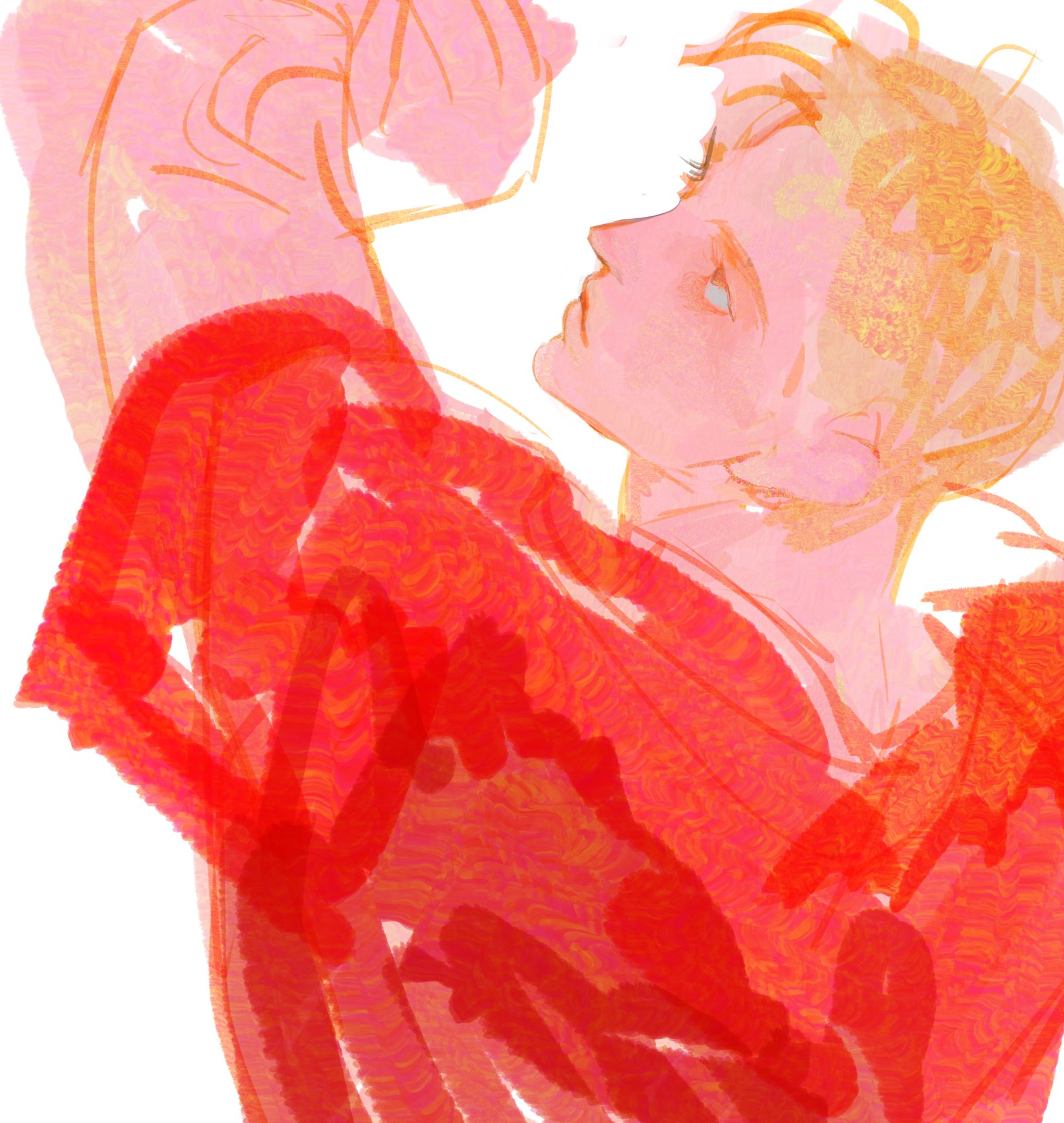 this is a digital watercolor painting of a woman's portrait. the woman has blonde hair and is wearing a red shirt. the background is white and pink. the painting is abstract and dreamy. the woman's expression is soft and romantic. the painting is full of color and texture. it is a beautiful and creative piece of art.