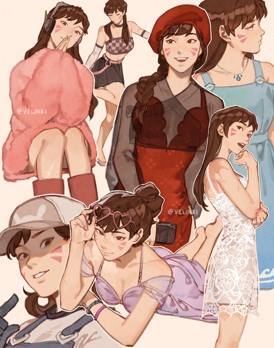 the image is a fan art collection featuring the video game character d.va from overwatch. she is depicted in various stylish outfits and poses, showcasing a range of aesthetics and personalities. the artwork is done in a cute anime style with distinct pink blush on her cheeks, and the multiple poses create a visually interesting composition.