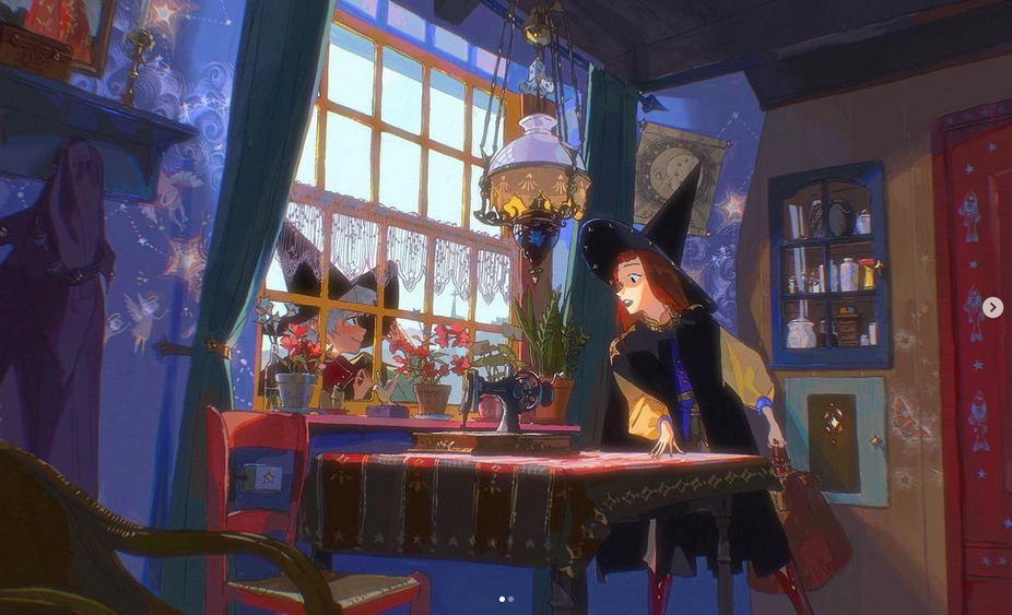 the image is a digital illustration that depicts a magical scene in a room. two witches are standing by a table with a sewing machine on it. the room is full of whimsical details, including a window with a view of a colorful town, a bookshelf with a collection of potions, and a table covered in a colorful tablecloth. the witches are both wearing traditional witch's attire, including pointed hats and long, flowing robes. one of the witches is holding a book, while the other is looking at something in the distance. the scene is full of magic and wonder, and it invites the viewer to imagine the stories that might unfold within this magical room.