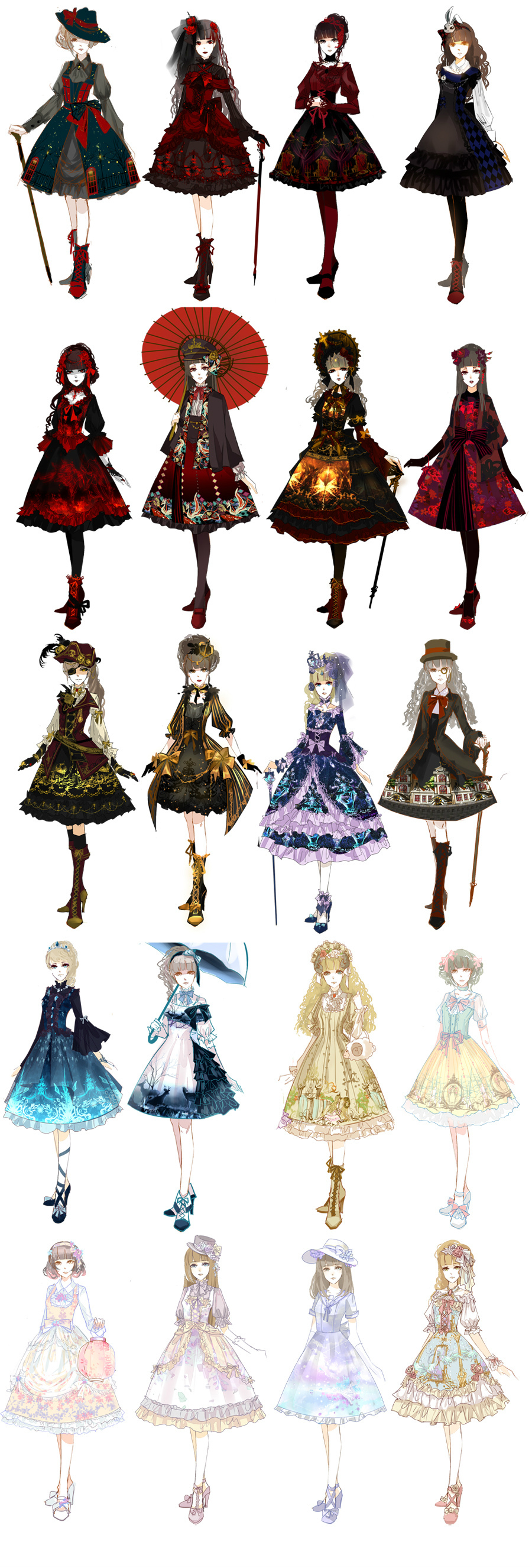 this image is a digital illustration of many anime characters. each character is a girl wearing a different colorful lolita fashion dress.  all are facing forward and have long hair and cute faces.  many are holding some sort of staff or object. the backgrounds are simple with only a few having a simple flower on the ground.