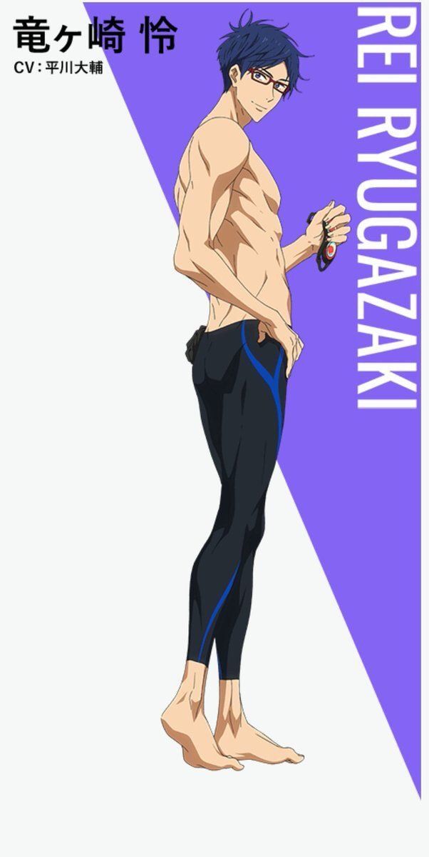 a drawing of a male anime character named rei rygazaki from the anime free! he is wearing a black swim suit with blue trim and has short blue hair. he is holding a pair of goggles in his right hand. he stands with one leg bent in front of the other, and he is looking to the side.