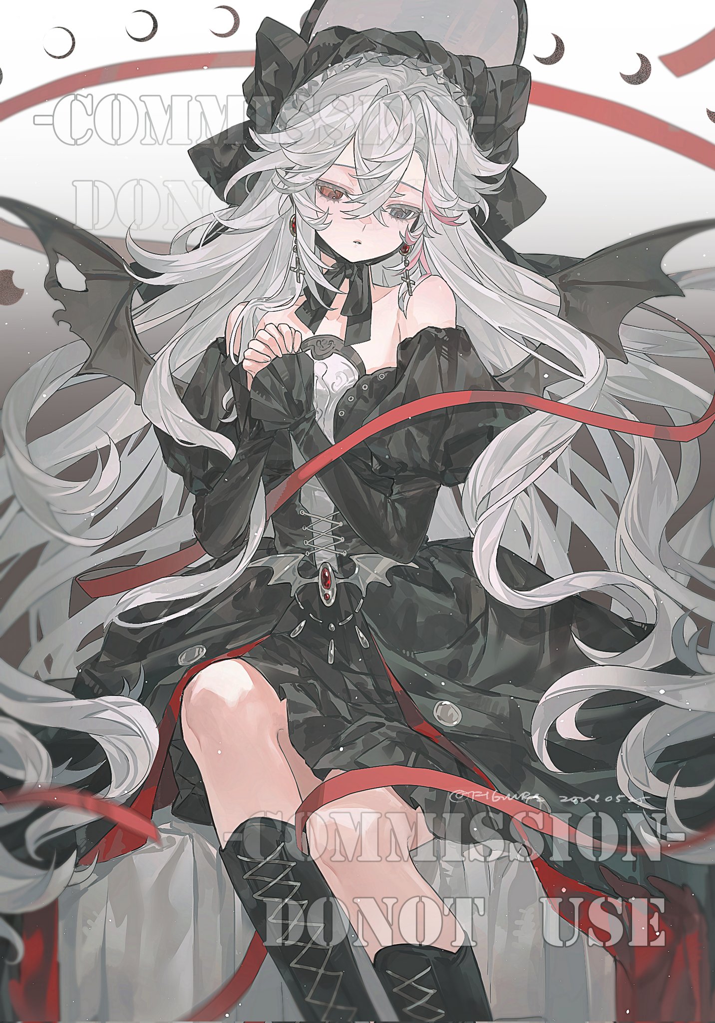 anime girl with long white hair, dressed in a gothic lolita style black dress with bat wing accents, black laceup boots, and a matching hat with a ribbon. she has pale skin, grey eyes, and is sitting in a contemplative pose. the background is gradient grey with crescent moon motifs. the image has a "commission  do not use" watermark.