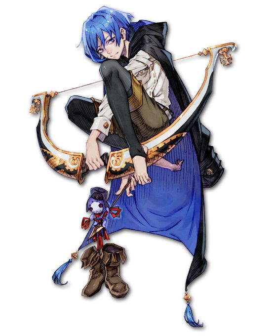 a young, bluehaired male character with striking blue eyes is perched atop a quiver and bow.  he is dressed in an elaborate outfit, primarily shades of blue and brown, featuring a long coat, kneehigh boots, and a decorative doll hanging from his hip.  he holds his bow confidently, suggesting he's an archer. the art style is reminiscent of anime or manga.