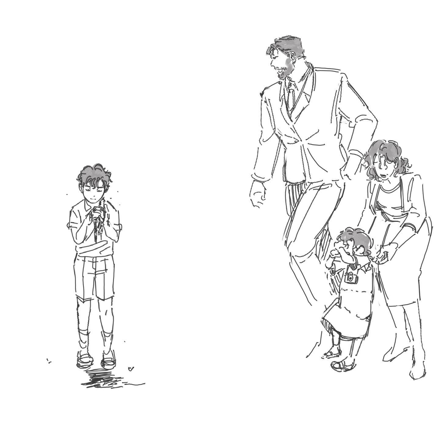 a simple line drawing of a family. a father, mother, and daughter are walking together while a young boy walks further behind. the parents and daughter are close, while the boy is isolated. this could suggest a sense of disconnect or tension within the family.