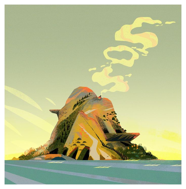 the illustration features a small island situated in a body of water, likely a lake or ocean. the island is dominated by a single, prominent mountain with stylized geological formations. a winding path ascends the mountain, leading to a solitary house nestled amongst the trees. smoke gently curls upwards from its chimney, suggesting a cozy and inhabited dwelling. the presence of trees and other vegetation indicates a temperate climate. the warm, muted colors of the palette, particularly the soft yellows and greens, evoke a sense of tranquility and peace. the overall aesthetic is minimalist, with clean lines and simplified shapes emphasizing the serene beauty of the natural world.