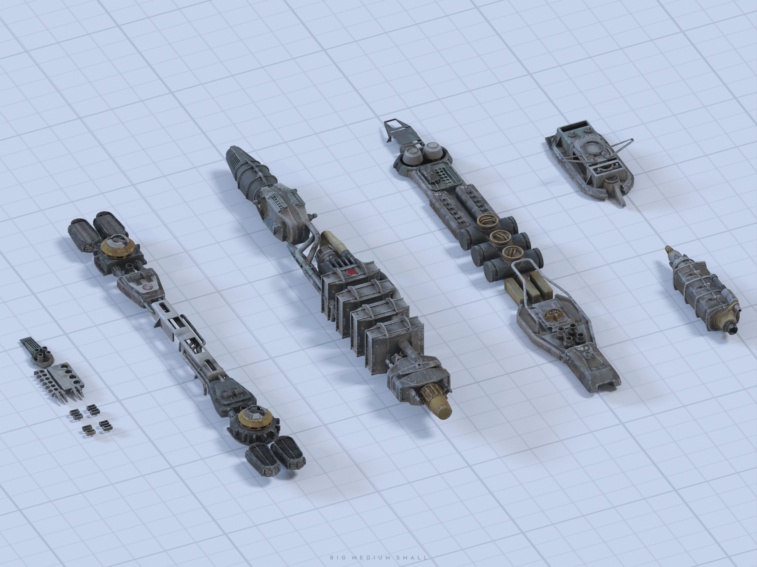the image shows a 3d rendering of a disassembled spaceship, laid out on a gridded surface.  differentsized sections of the spaceship are spread across the image, along with smaller individual components. the overall aesthetic is futuristic and technological, suggestive of a spaceship design blueprint or model kit. the varying sizes of the components are labelled "big, medium, small" in the bottom right corner. the components appear metallic and detailed.