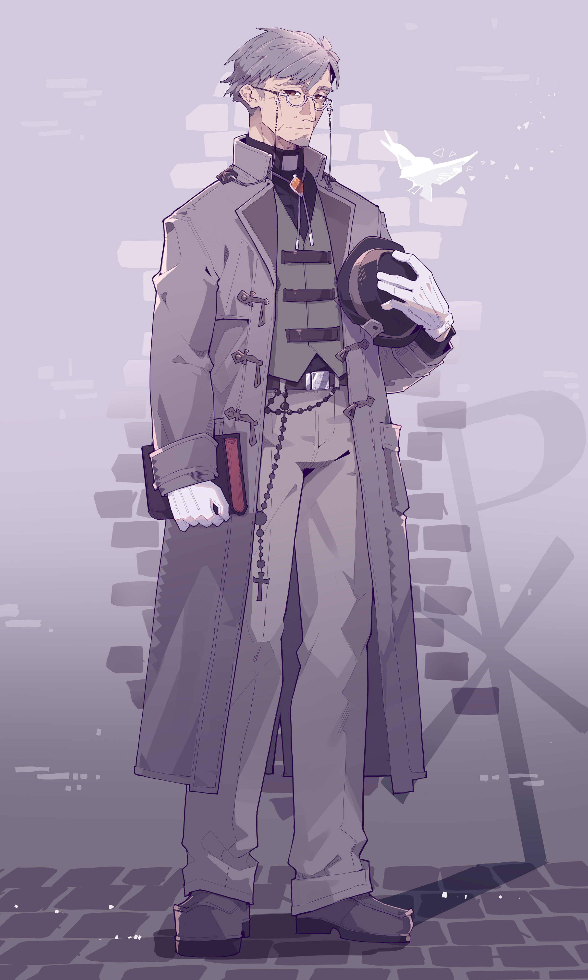 an illustration of a priest wearing glasses and a long gray coat, holding a hat in one hand and a book in the other. he is also wearing a clergyman collar and a rosary. a white dove flies behind him.