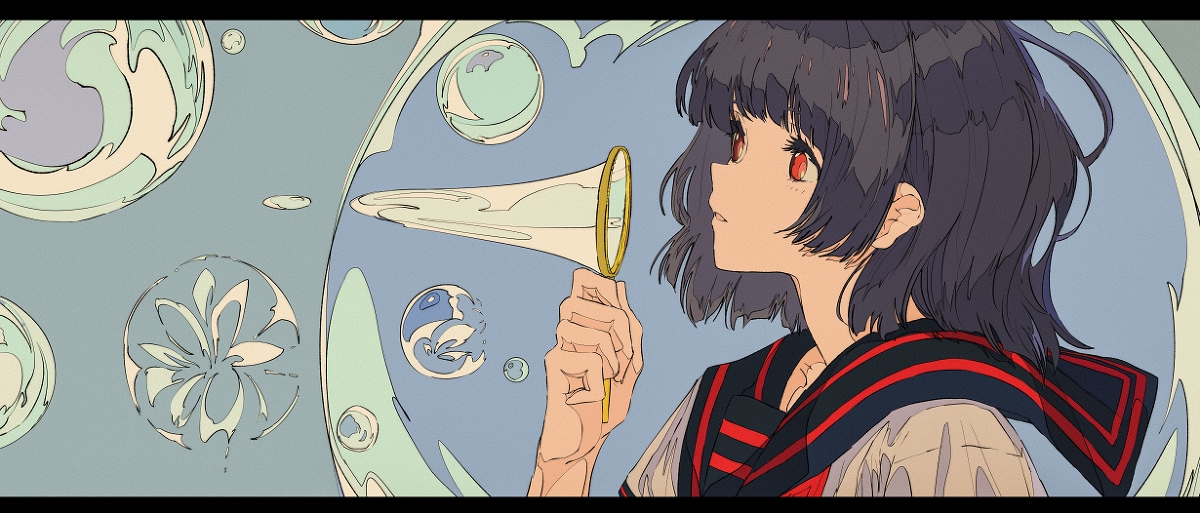 the image is a digital illustration of an animestyle girl with short, dark hair and striking red eyes. she's wearing a sailorstyle school uniform with red and black accents. she's holding a wand and blowing a long stream of bubbles that fill the background. the bubbles are large and varied in shape and design, some are simple circles, others are more intricate patterns. the overall style is whimsical and dreamy, using soft pastel colors and a serene, peaceful atmosphere.