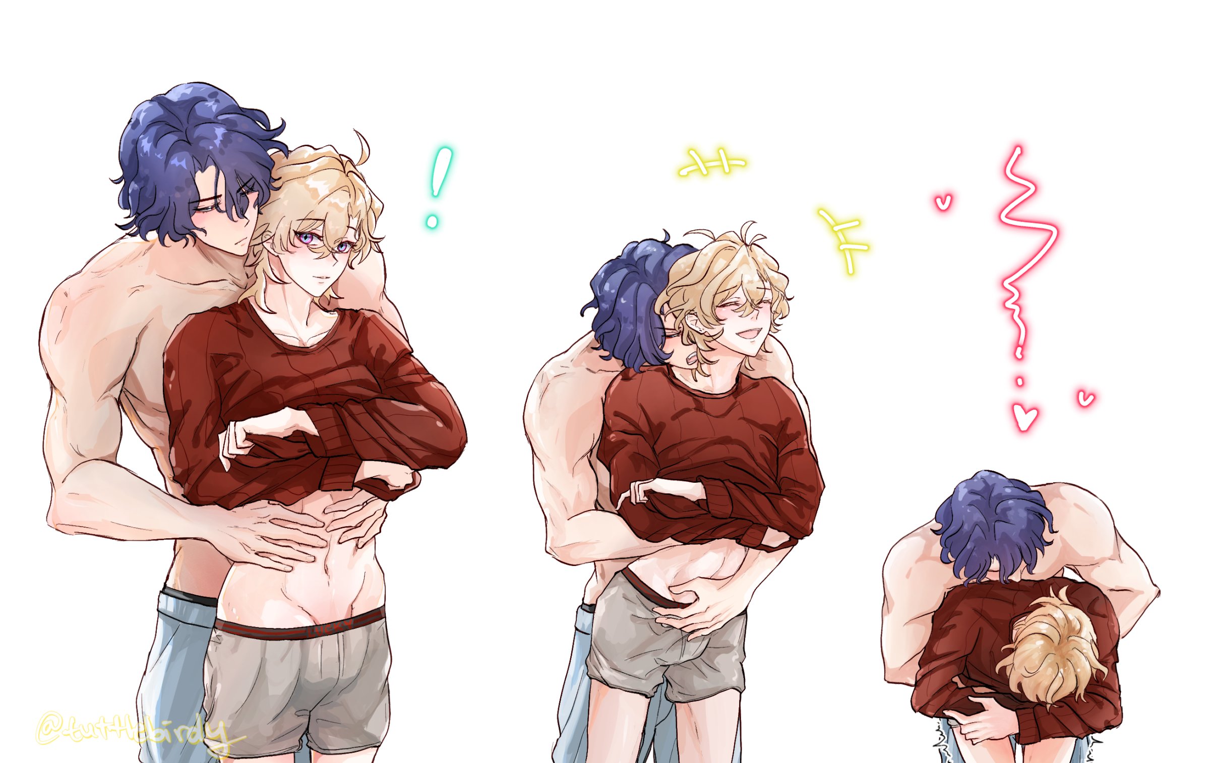 he image is a digital drawing or fanart depicting three variations of a romantic scene between two animestyle male characters.  the first panel shows a muscular, shirtless man with blue hair embracing a blond man who is partially undressed, his shirt lifted to reveal his abdomen.  the second panel displays a similar pose, but with a slight change in the characters' positions and expressions. the third panel shows the blond character being hugged from behind by the blue haired man, with an expression suggesting happiness or affection. the art style is soft and slightly sketchy.  various visual effects are used to emphasize the romantic and intimate atmosphere, including heart shapes and stylized motion lines.