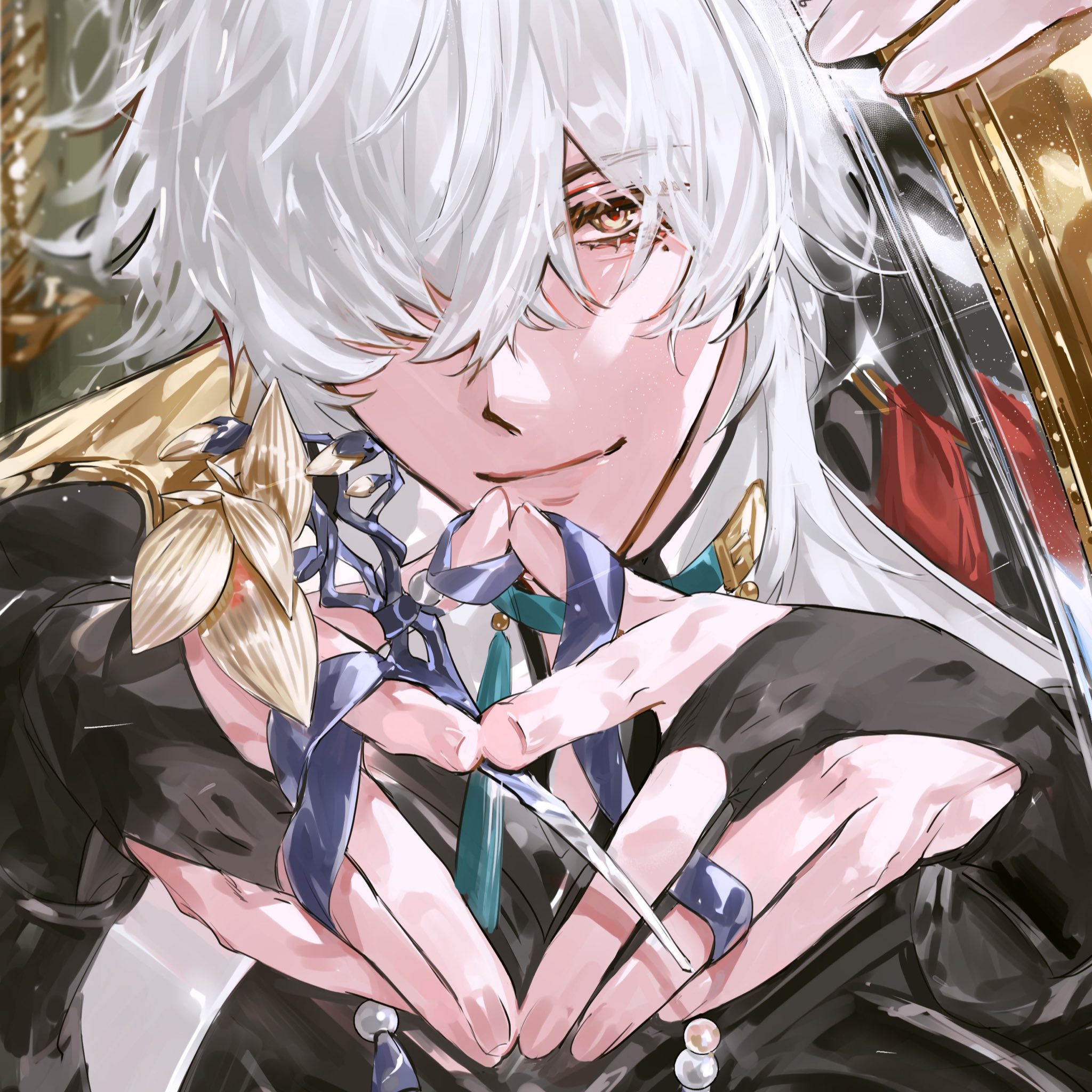 an anime character with white hair and a black outfit holds a flower in his hand in a heart shape. he is smiling warmly and has a kind expression.