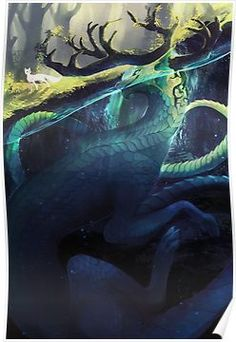a fantasy art piece shows a dragon swimming in a river. a white fox stands on a cliff overlooking the dragon. there are trees and a forest behind the cliff.