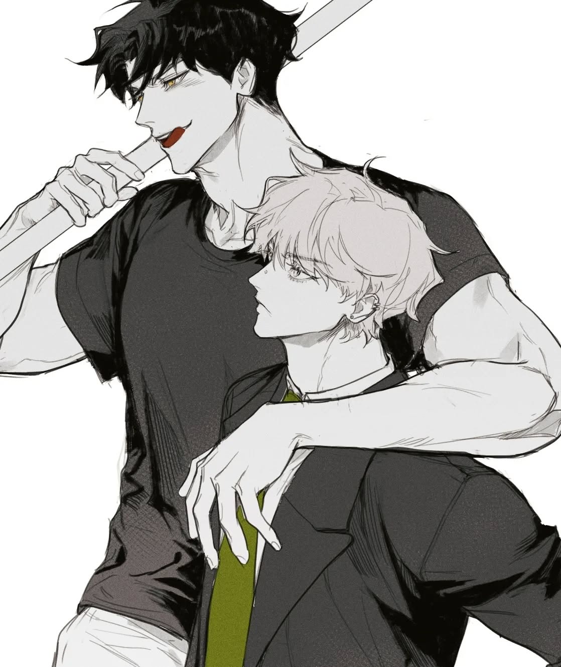he image is a monochrome drawing depicting two animestyle men in a close embrace. the man in the foreground is wearing a dark suit and green tie, his expression is soft and somewhat melancholic. he is being embraced by a taller, muscular man wearing a dark shirt, whose expression is more intense and suggestive.  the overall style is suggestive of a romantic or intimate relationship, possibly from a boys' love (bl) manga or anime. a long stick or pole is partially visible, resting across the shoulders of the taller man.  the artwork is detailed, with careful attention paid to the characters' expressions and physiques. the shading and linework give the piece a dramatic and slightly edgy feel.
