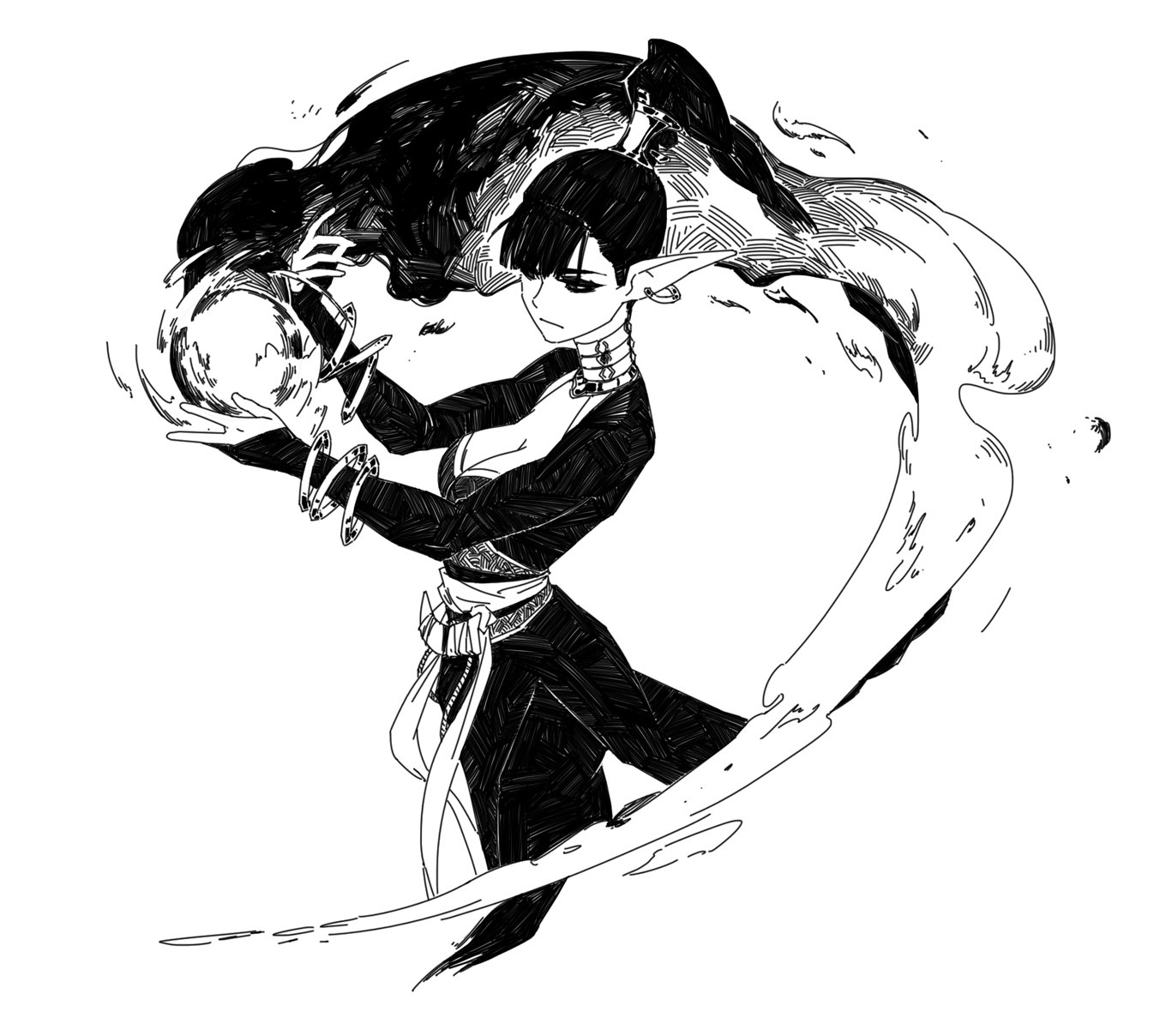 the image is a black and white illustration, possibly from an anime or manga style, depicting a young woman who appears to be an elf or similar fantasy creature. she has dark, long hair styled in a ponytail, and pointed ears. she’s wearing an elegant, dark, flowing outfit with some ornate details. her expression is serious and focused.  she appears to be manipulating or controlling dark, swirling energy emanating from her hands, suggesting magical abilities. the style is dynamic, with flowing lines and textures that create a sense of movement and power. the overall mood is dark, mysterious, and powerful.