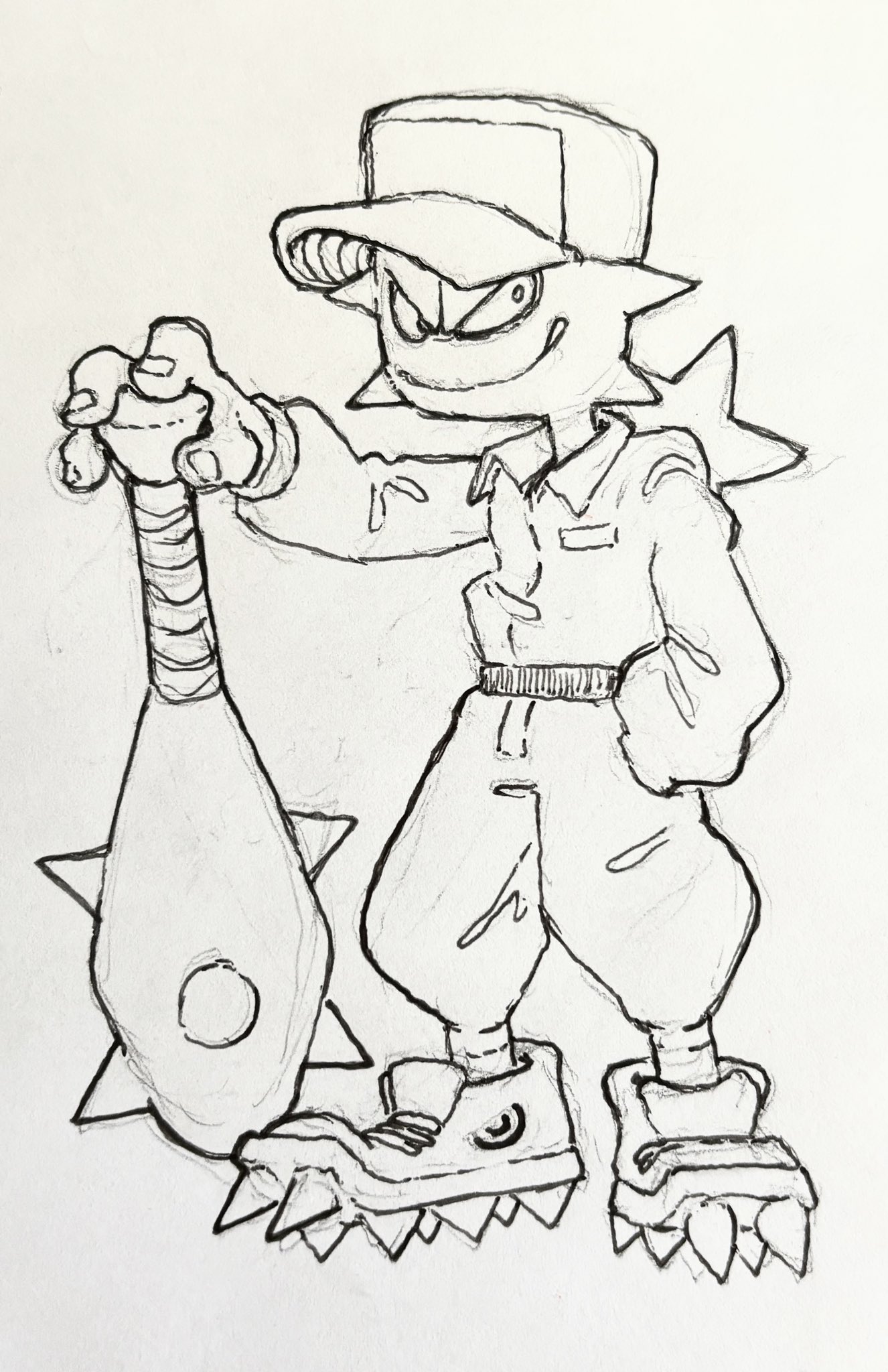 it's a black and white sketch of a cartoon character holding a spiked club. the character has on a baseball cap, a jumpsuit, and shoes with spikes on them.