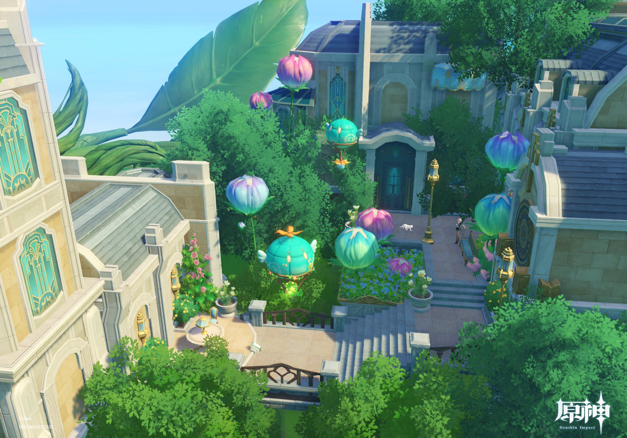 an aerial view of a whimsical garden scene in the video game genshin impact. the garden features pastelcolored buildings with ornate details, lush green trees and bushes, and several floating, colorful balloons or lanterns resembling flowers. a character is visible sitting on a bench in the garden. the overall atmosphere is peaceful and serene, with a vibrant color palette.