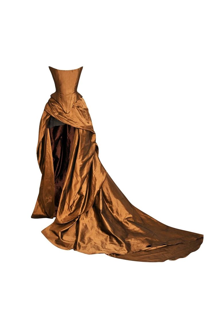 the image shows a brown, strapless evening gown with a long train. the dress is draped and ruched, and the train is very long and full. the dress appears to be made of a shiny, luxurious fabric.