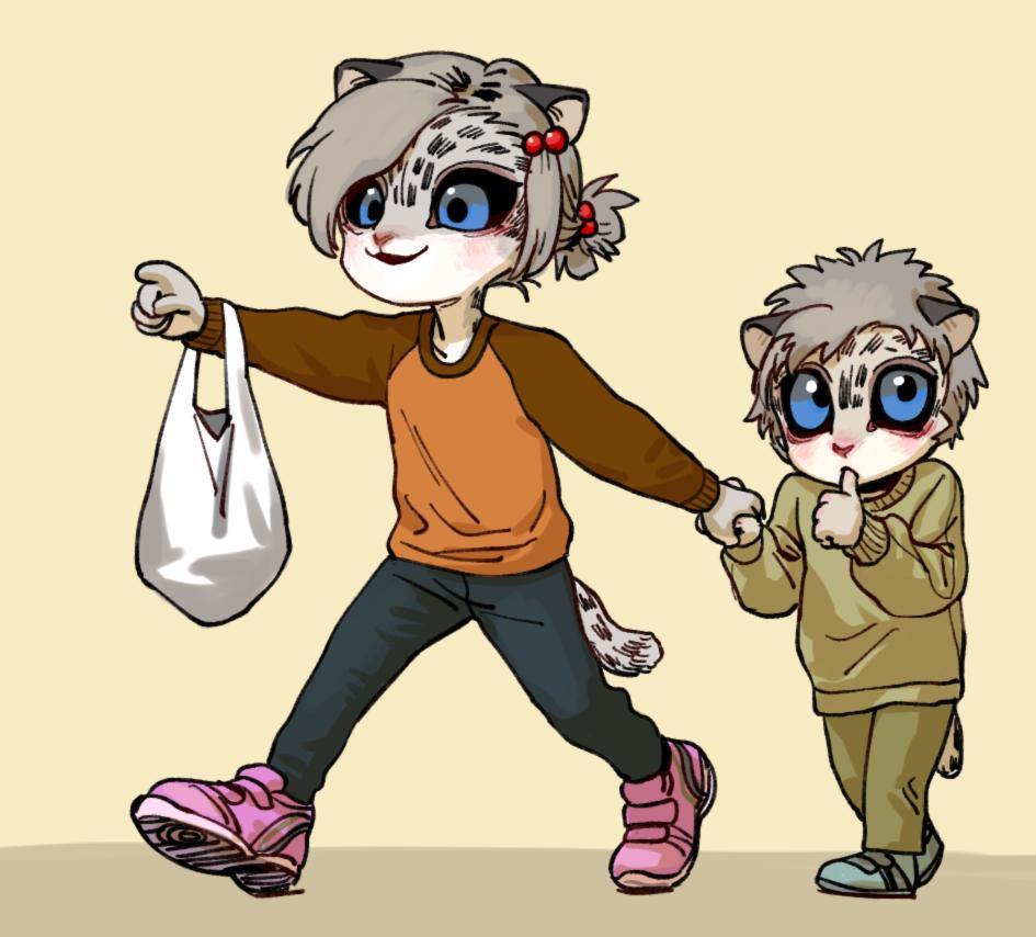 two cartoon snow leopard characters, one with pink shoes and an orange shirt carrying a bag and the other wearing a brown shirt are walking side by side, holding hands. they look like they're on their way to go shopping together.