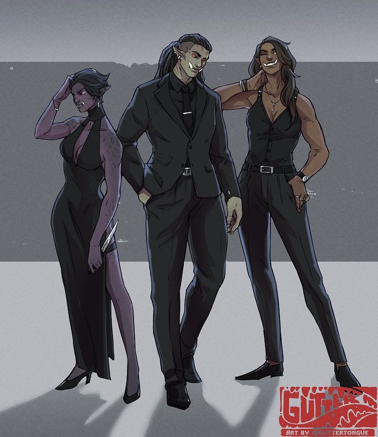three orc characters wearing formal wear. one on the left has a formal dress with a knife strapped to her thigh, the one in the middle is wearing a black suit, and the one on the right is wearing a buttoned tank top with formal pants.