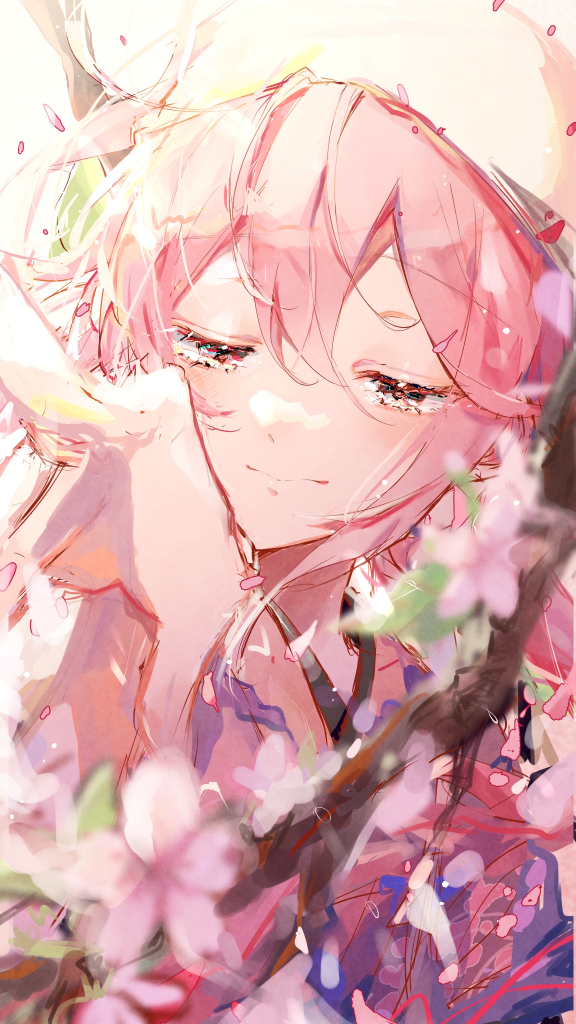 the image is a digital painting or illustration of an animestyle girl with long, pink hair. she is depicted from the chest up, and her expression is somewhat sad or wistful.  her hair is partially obscuring her face, and she appears to be gently touching her cheek.  she seems to be surrounded by or partially merged with pale pink cherry blossoms and other floral elements. the art style is soft and dreamy, with pastel colors and a somewhat blurry, ethereal quality. the overall mood is delicate and melancholic.  the girl may be wearing a kimono or similar traditional japanese garment, but the details are obscured by the artistic style.