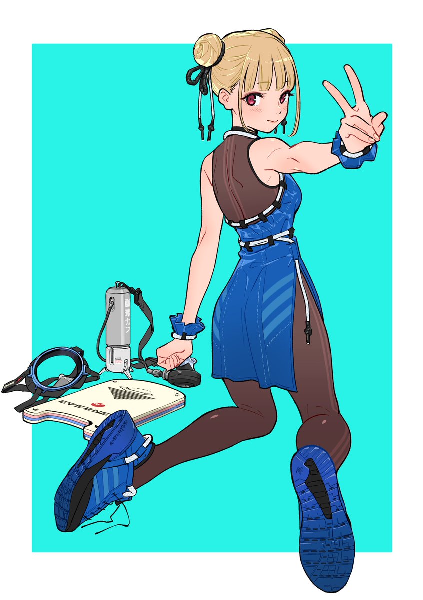 the image is a digital drawing of an animestyle girl. she has blonde hair in two buns, red eyes, and is wearing a blue dress and blue sneakers. she's striking a playful pose, giving a peace sign with one hand while holding some equipment in the other. the background is teal. the overall style is vibrant and energetic.