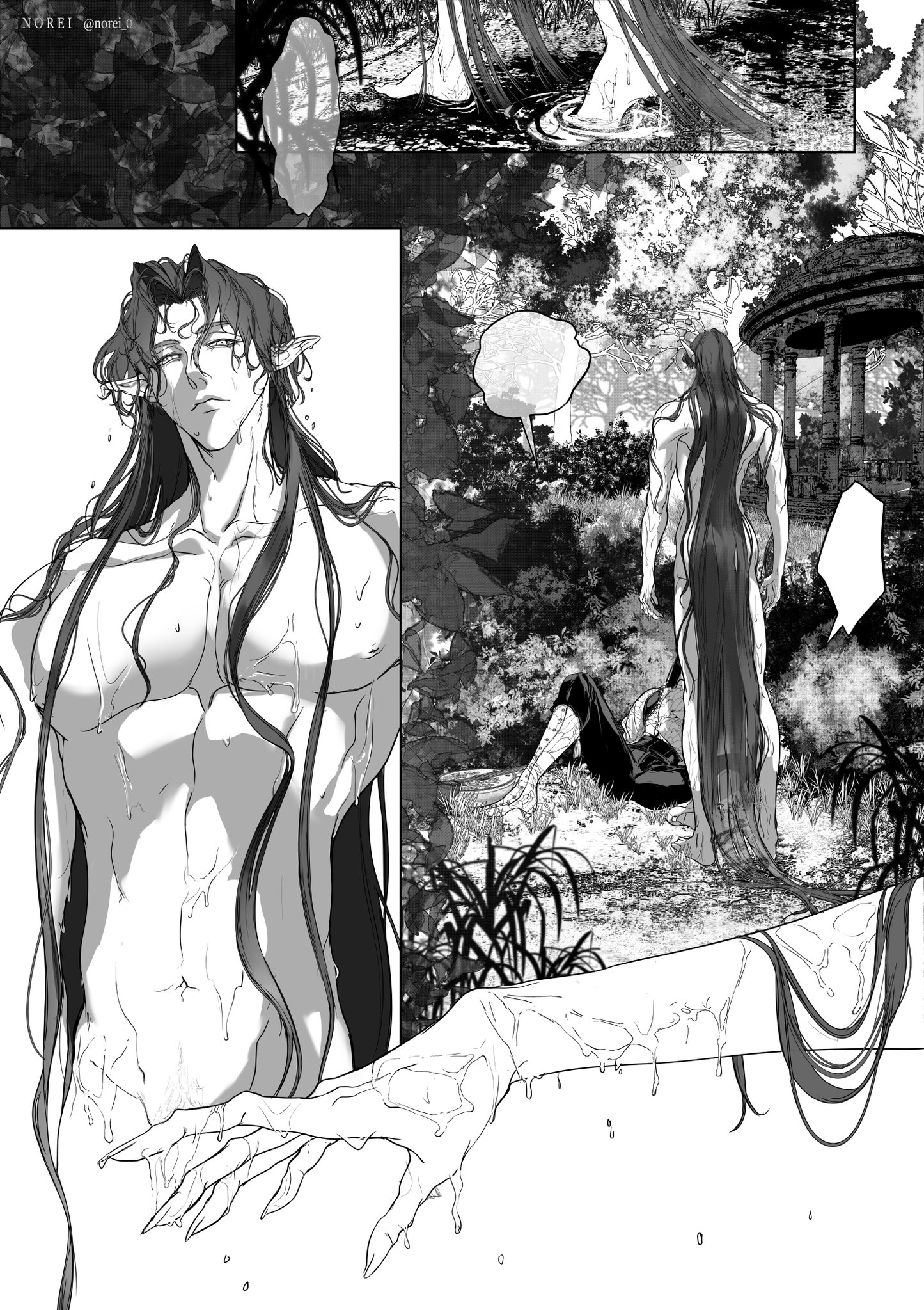 the black and white manga page depicts a wet, muscular man in a forest setting. he has long black hair