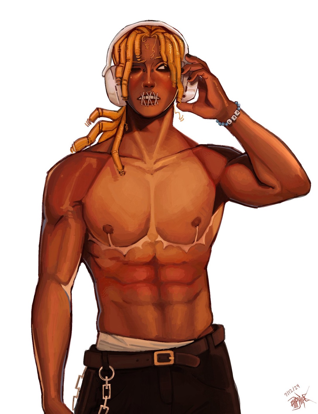 the image depicts a muscular, shirtless man with dark skin and elaborate, stitched scars across his chest and face. he has golden blonde dreadlocks partially covered by white headphones, which he is adjusting with his right hand. he wears black pants with a brown belt and various accessories like chains and bracelets. the artwork has a clean, digital aesthetic with a focus on character design and style. the lighting is soft and highlights the subject's physique.