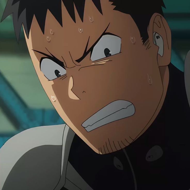 a closeup of anime character shinra kusakabe from fire force. he appears to be stressed as indicated by his facial expression and the beads of sweat dripping down his face.