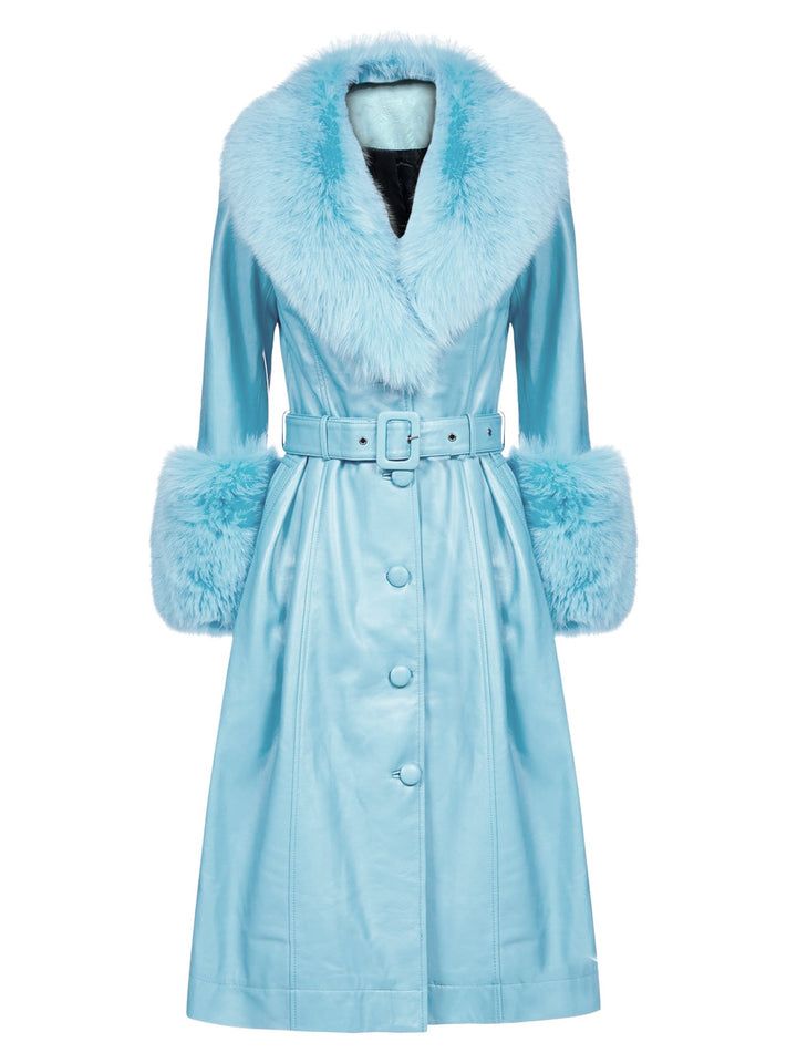 a blue leather coat with a fluffy white fur collar and cuffs. it has a belt at the waist and a buttonup front. the coat is styled on a woman's mannequin.