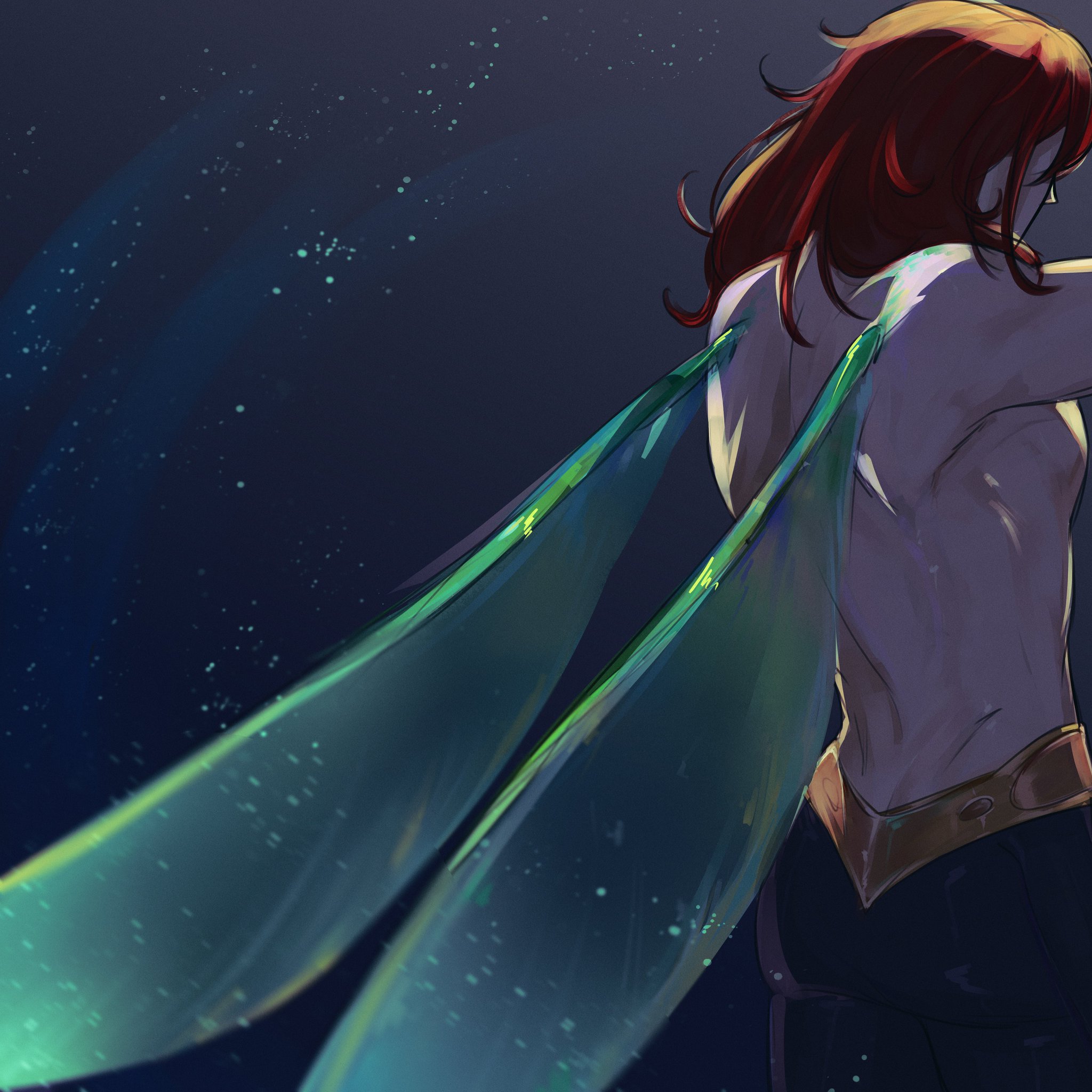 a fantasy drawing of a male character with long red hair and large green and blue wings. the character is facing away from the viewer. the background is dark blue with stars and glowing dots. the overall tone of the drawing is mystical and magical.