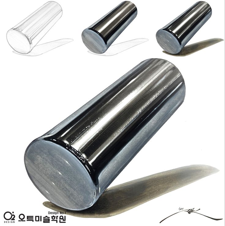 this image showcases a drawing tutorial on how to illustrate a metallic cylinder. it features four stages of the process: a wireframe sketch, a simple shading study, a polished grayscale rendering, and a final color rendering. the cylinder is depicted in a threequarter view with a strong light source casting a distinct shadow, emphasizing its 3d form and reflective surface.