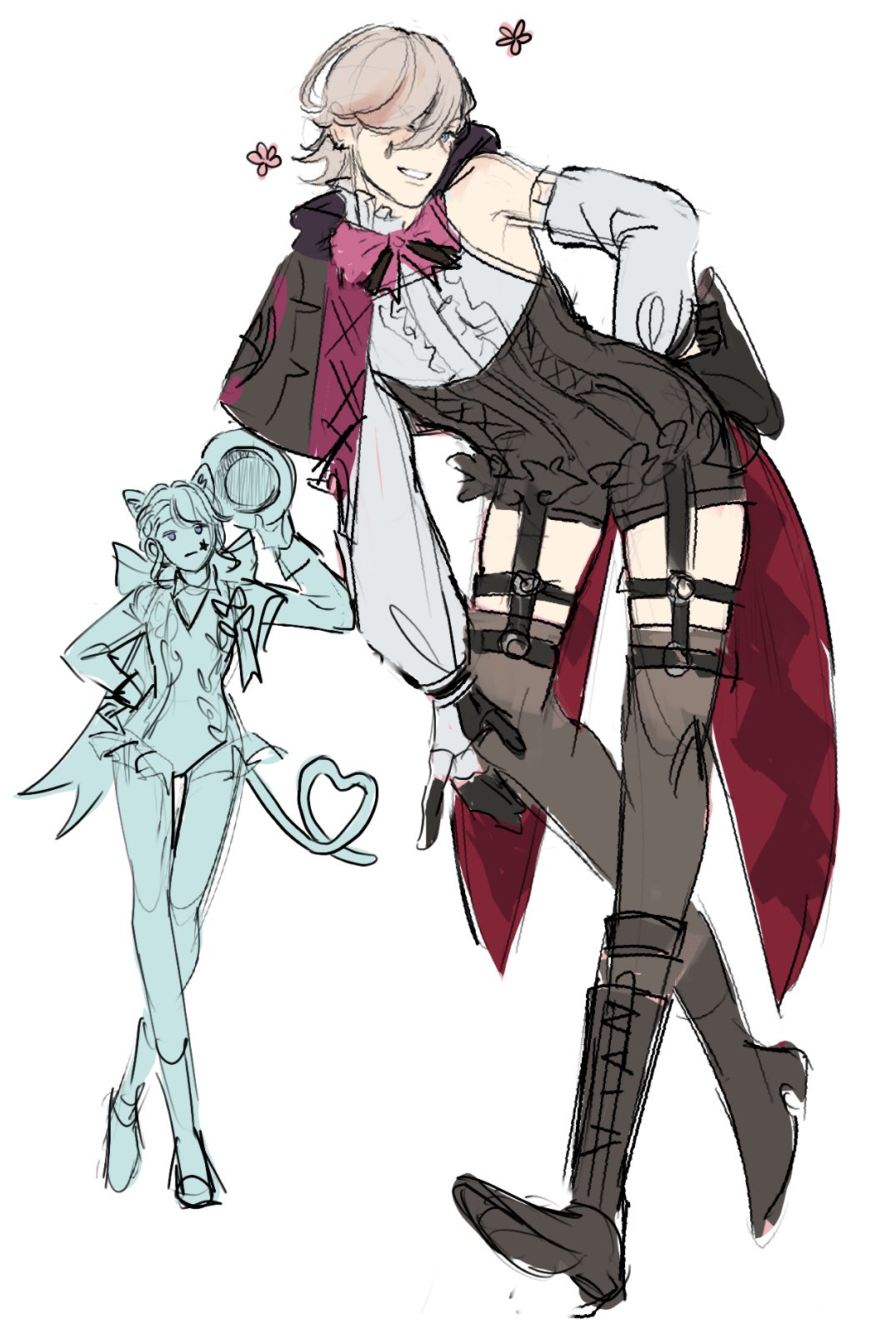 a digital illustration of two anime characters, one a female in a black, red, and white outfit, the other a female in a blue and white outfit. the first character is striking a pose while looking at the second character, who appears to be looking in the distance. the female in black, red, and white has her hair styled in a straight, blonde bob cut, and the female in blue and white has a long, light blue ponytail. the background is white.