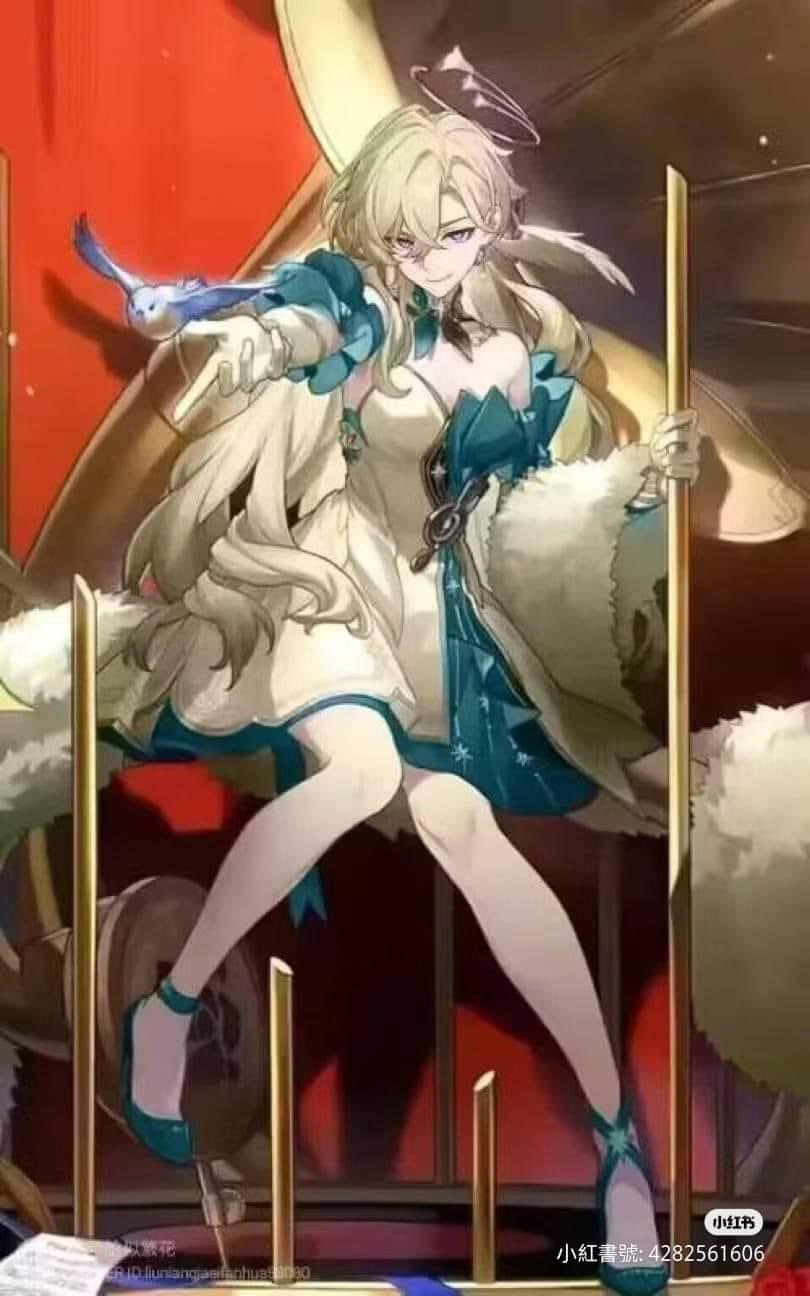 he image is a digital painting or illustration of an animestyle girl, possibly from the game genshin impact, resembling the character ganyu. she is elegantly dressed in a white and teal dress, adorned with gold accents and starlike details. her long blonde hair cascades around her shoulders. she's sitting on a ornate, possibly antique chair or contraption, holding a staff. a small blue bird perches on her hand.  the background is rich with red and gold tones, suggesting a regal or theatrical setting. the overall style is highly detailed and has a magical, fantasy feel. the artist's signature or watermark is faintly visible at the bottom.