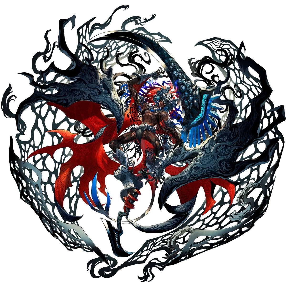 this is a digital illustration of a fierce demon with large black wings. it's holding a weapon and looks like it's in an aggressive stance.