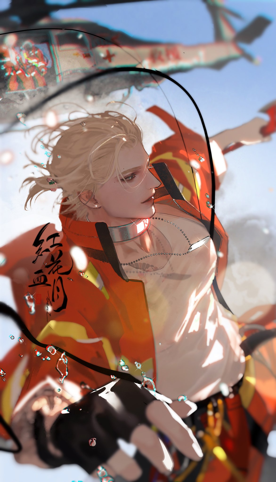 a digital illustration of an anime style male character with blond hair wearing a red and orange  fireman uniform, a black and silver necklace, and black gloves. he is falling from a helicopter and there are drops of water around him.