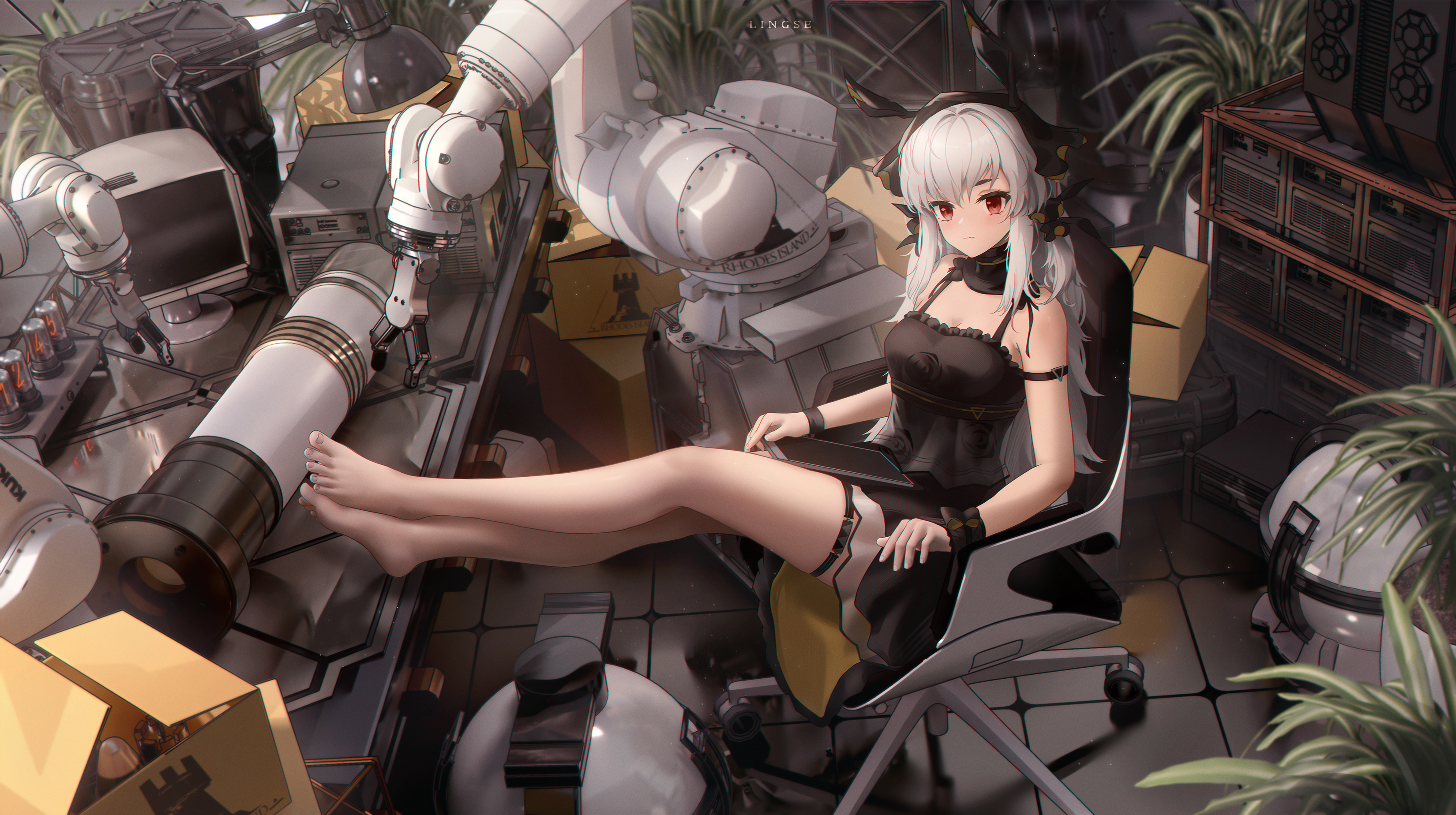 the image is a digital illustration of an anime girl with long white hair and red eyes. she is wearing a black dress with bunny ears and sitting in a futuristic chair in a room filled with robotic arms, computers, and other technology.  her legs are crossed and she is barefoot. the room has a cluttered but organized feel, with plants and boxes adding to the scene. the overall style is a blend of anime and scifi aesthetics, creating a unique and captivating image.