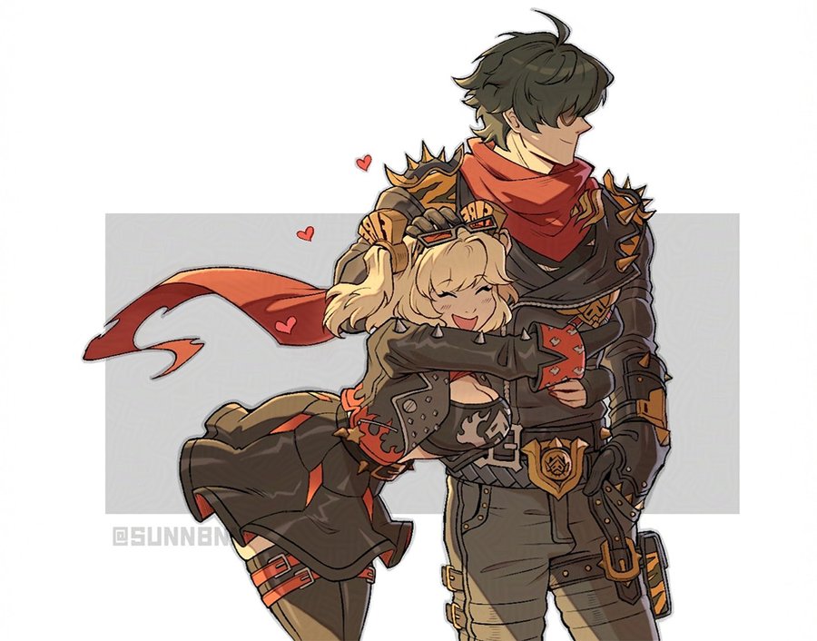 the image is a digital fanart depicting a romantic couple embracing.  the woman, with blonde hair and goggles, is enthusiastically hugging the taller man from behind. he has dark hair and wears a red scarf. both are dressed in dark, stylized clothing reminiscent of punk or steampunk aesthetics, featuring studded jackets and other mechanical details.  the art style is anime or mangainspired with a focus on character expression and warm color palettes. small hearts are floating around them indicating a romantic context.  the overall mood is affectionate and heartwarming. the background is a minimalist offwhite, drawing focus to the characters.