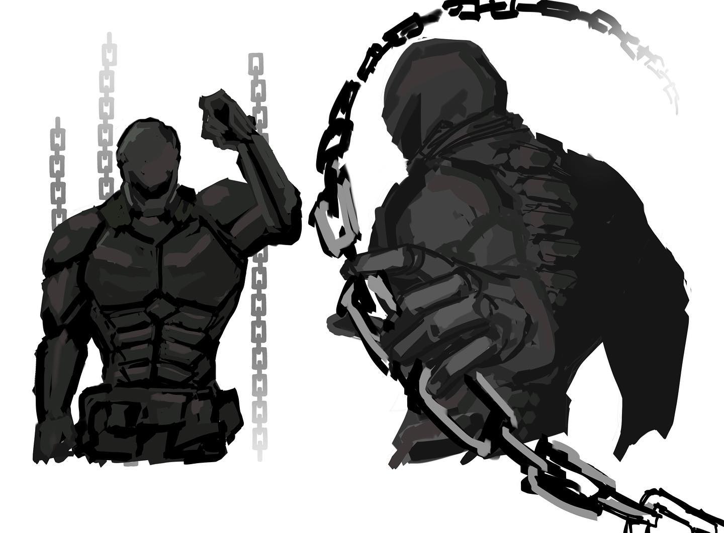 a digital illustration of two masked figures in a fighting stance. the figure on the left has a muscular build and is standing in an upright position. the figure on the right is hunched over and has a chain wrapped around their body. both figures are wearing dark costumes and have their faces obscured by masks. the background is white with a chain pattern.  the illustration is done in a black and white style with shading.