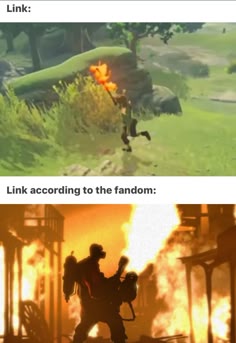 the image is a meme showing the difference between how link is portrayed in the game breath of the wild and how he is viewed by the fandom. the top image shows link running through a grassy field with a burning torch. the bottom image shows link engulfed in flames, holding a fire extinguisher, resembling a firefighter. the text above the images reads "link" and "link according to the fandom." the meme highlights the common humorous exaggeration of fan perceptions, especially within the realm of video games.
