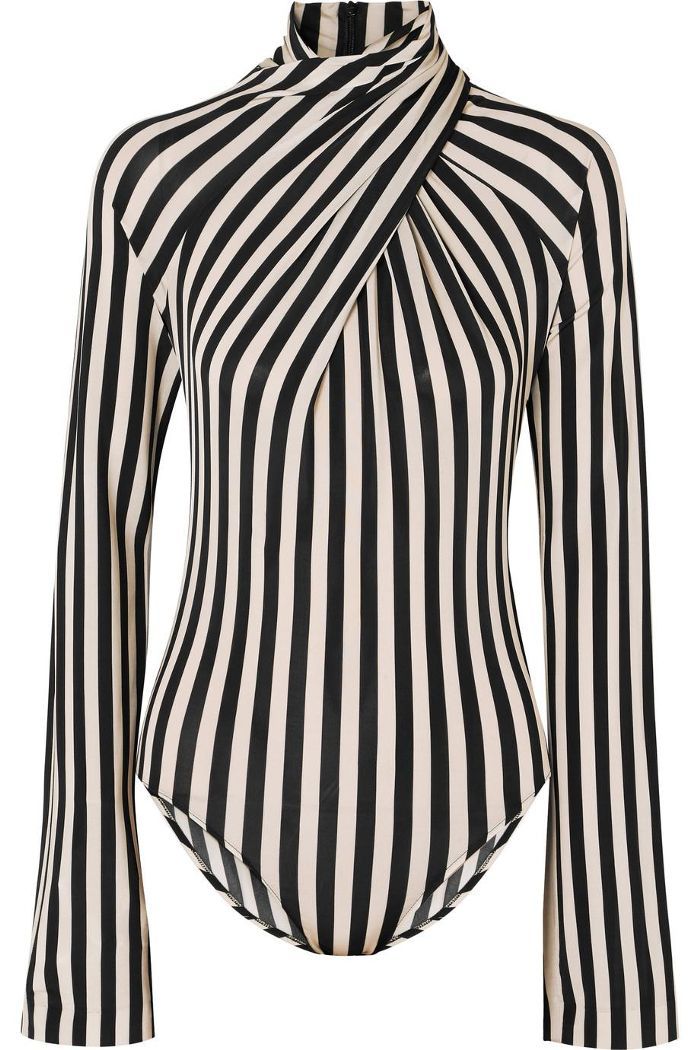 a closeup shot of a longsleeve bodysuit featuring black and white stripes, posing against a white background. the bodysuit is designed with a high neckline and long sleeves. the stripes are arranged vertically.