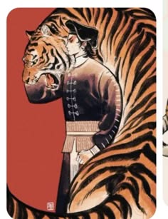 this image depicts a person with a tiger. the person, who is depicted in a very detailed and stylized manner, is standing in front of the tiger and leaning towards it. the tiger is large and fierce, with detailed fur and markings, but looks rather gentle and at peace with the person in the image. the colors are vivid and the details are welldefined. the image has a mythical or fantastical feel, suggesting a relationship between the person and the tiger that is both respectful and powerful.  the image has a vintage or retro look, and might be a depiction of an ancient legend or a spiritual connection between humans and animals.  the image could represent a story about a person who is able to control or tame the wild, and the image could be part of a larger artwork or a series of illustrations depicting a particular theme.