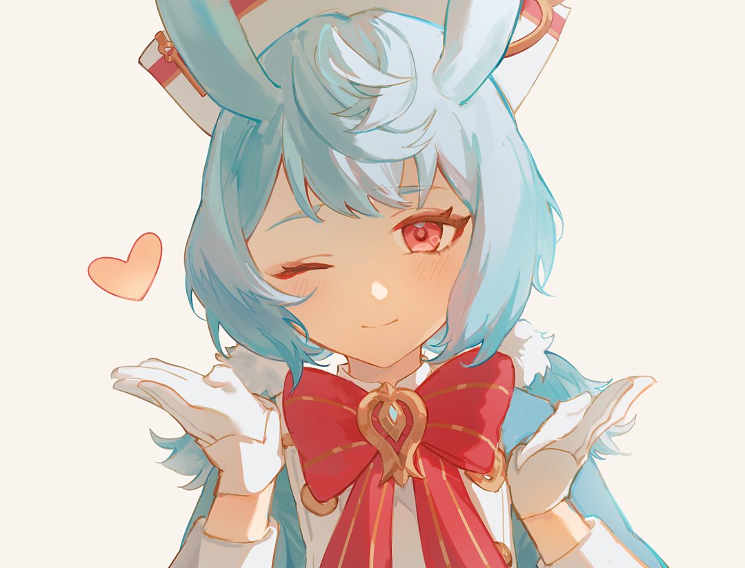 a closeup of an anime girl with blue hair and bunny ears. she is wearing a white dress with a red bow and white gloves. she is blushing and has a heartshaped object above her head.
