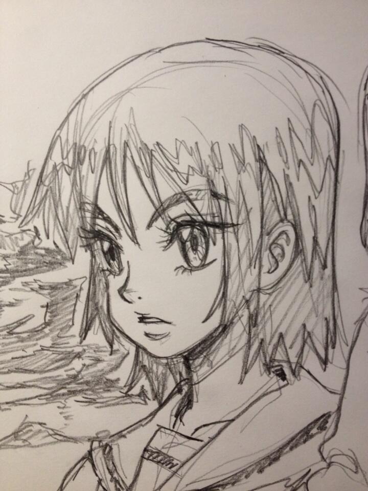 the image is a black and white pencil sketch of a young woman with short hair, drawn in an anime or manga style.  the drawing focuses on her face and upper torso, with the rest of the image left unfinished.  her expression is serious, and her eyes are large and expressive.  the drawing style is detailed and wellexecuted, with good use of shading and line work.