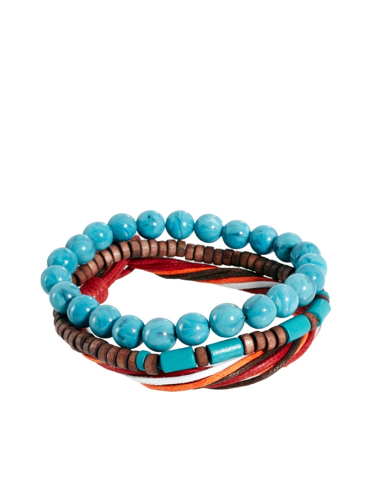 a closeup shot of a threestrand bracelet with blue, turquoise, and wooden beads and red, orange, and white strings. the bracelet is isolated against a white background. the bracelet is a stylish and trendy accessory that is perfect for any occasion.