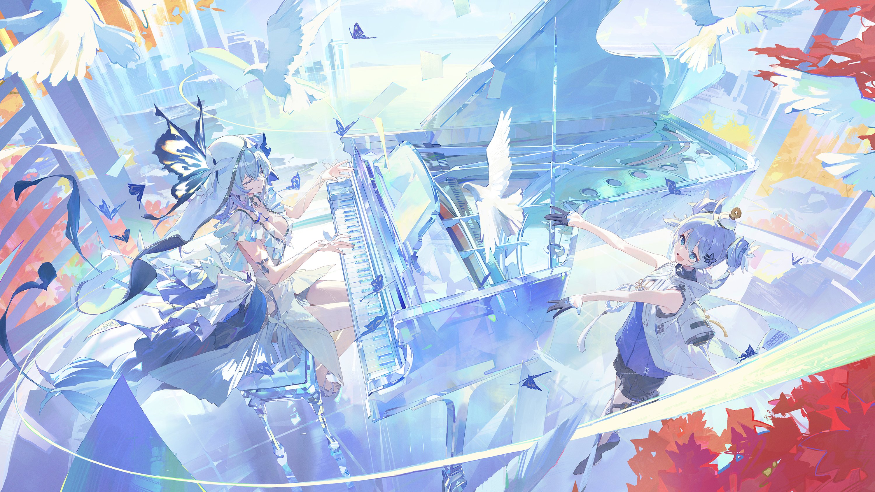 two anime girls, one wearing a white dress with a butterfly on her head and the other wearing a blue and white dress with a bun, are playing a crystalline piano. they are surrounded by an ethereal atmosphere with butterflies and floating paper. the artwork features vibrant colors and a dreamy aesthetic.