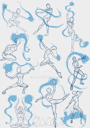 a digital illustration of nine female figure sketches, drawn in a simple line style. each figure is in a dynamic pose, some with their limbs extended, and some bending over. blue swirls accentuate the outlines of each figure.