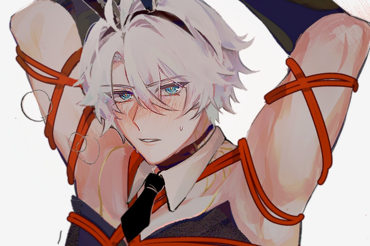 a drawing of an anime boy with white hair and blue eyes is depicted. he is wearing a suit with a black tie and is bound with red rope in a shibari style. the boy has a slight blush and a drop of sweat on his face, and he is looking at the viewer. his hands are behind his head.