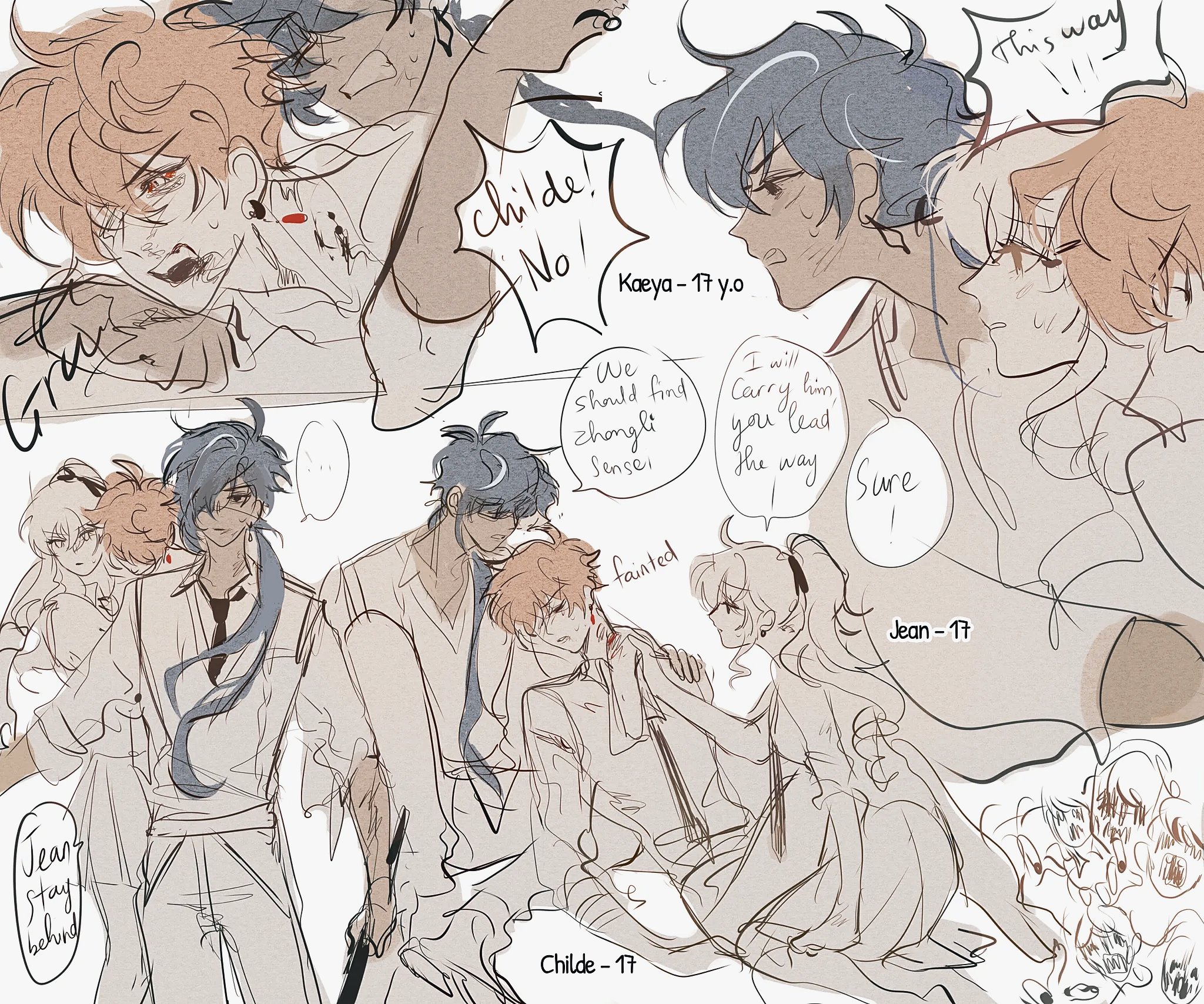 his is a collection of sketches and drawings that appears to be fanart of characters from the video game genshin impact.  the sketches depict several characters: childe (tartaglia), kaeya, jean, and zhongli.  they appear to be in a somewhat distressed situation, with childe injured and being helped by the others. the art style is loose and expressive, reminiscent of manga or anime styles. the sketches capture different moments of a scene, potentially illustrating a narrative, with dialogue bubbles adding context to the events.  the overall mood is a mix of urgency, concern, and camaraderie. the drawings include various expressions and body language, adding depth to the characters' emotions.