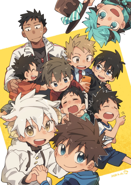 he image is a vibrant and cheerful illustration featuring a large group of chibistyle anime boys. they are diverse in appearance, with varying hair colors, styles, and clothing.  the overall style is playful and expressive, with exaggerated features that accentuate their cuteness. the boys are clustered together in a seemingly happy and friendly gathering, with several of them smiling or laughing. one boy stands out with lightcolored hair and small horns, adding a touch of fantasy to the scene. the background is a simple yellow, making the characters the clear focus. the art style is clean and appealing, with smooth lines and bright colors. the overall impression is one of warmth, joy, and lightheartedness.